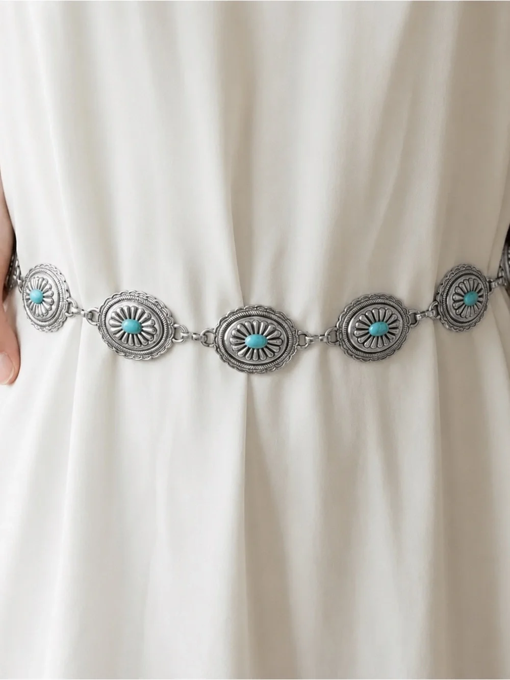 Silver Oval Turquoise Concho Chain Belt